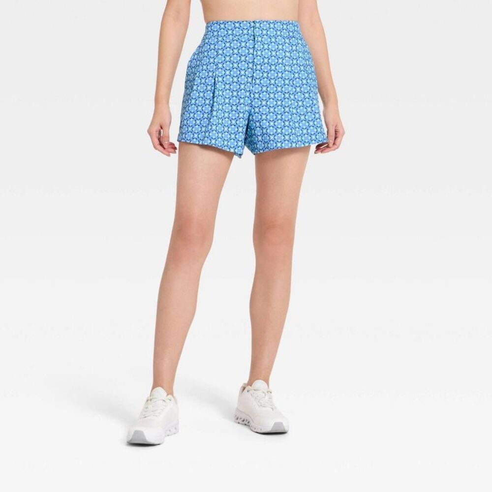 Women's Woven High-Rise Pleated Golf Shorts - Sapphire Blue Floral Print L